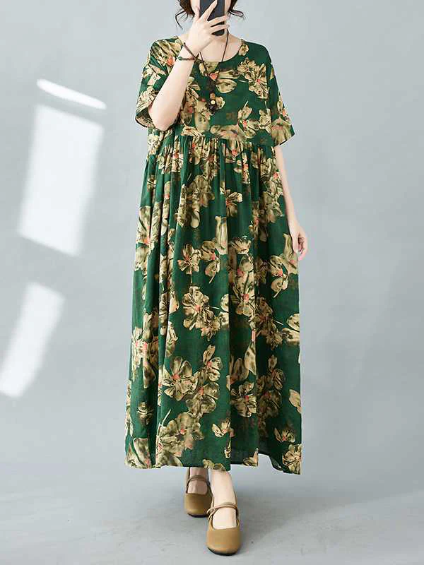 Half Sleeves Loose Flower Print Pleated Pockets Round-neck Midi Dresses - Image 7