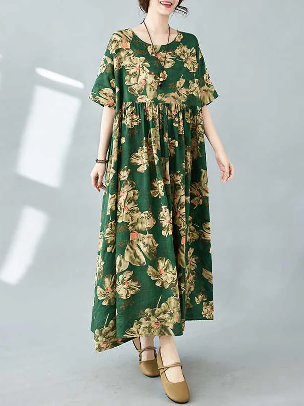 Half Sleeves Loose Flower Print Pleated Pockets Round-neck Midi Dresses - Image 8