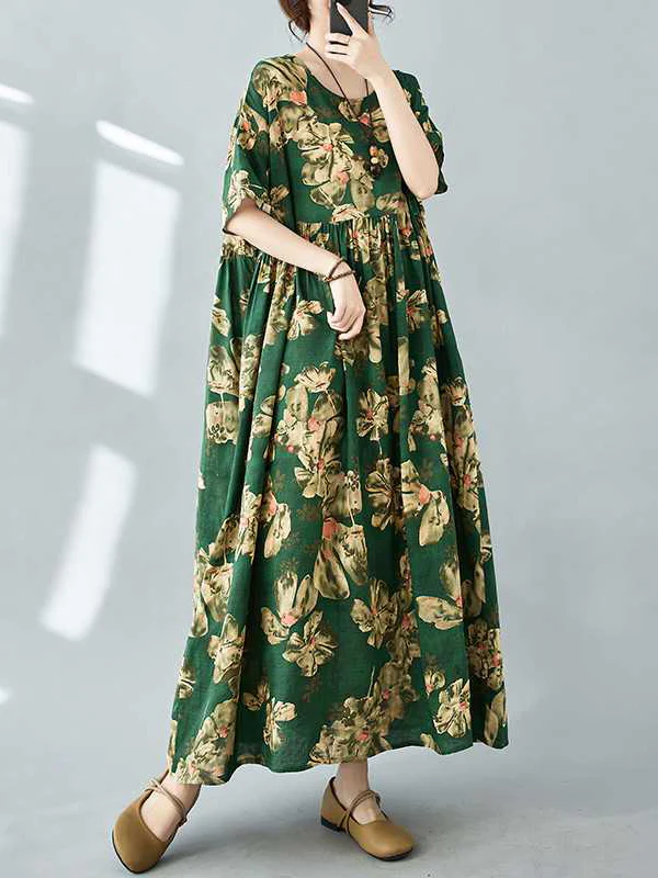 Half Sleeves Loose Flower Print Pleated Pockets Round-neck Midi Dresses - Image 9