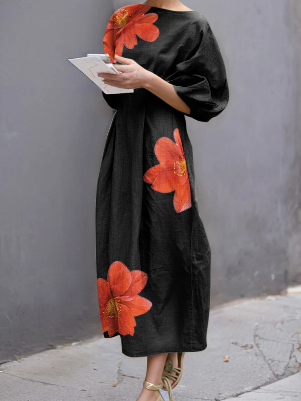 Half Sleeves Loose Flower Print Round-Neck Midi Dresses - Image 2