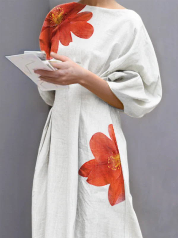 Half Sleeves Loose Flower Print Round-Neck Midi Dresses - Image 3