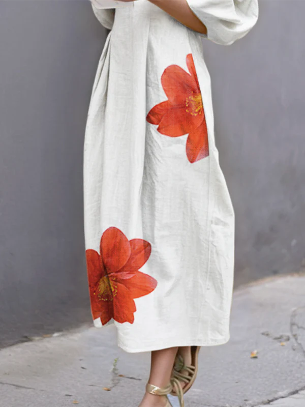 Half Sleeves Loose Flower Print Round-Neck Midi Dresses - Image 4