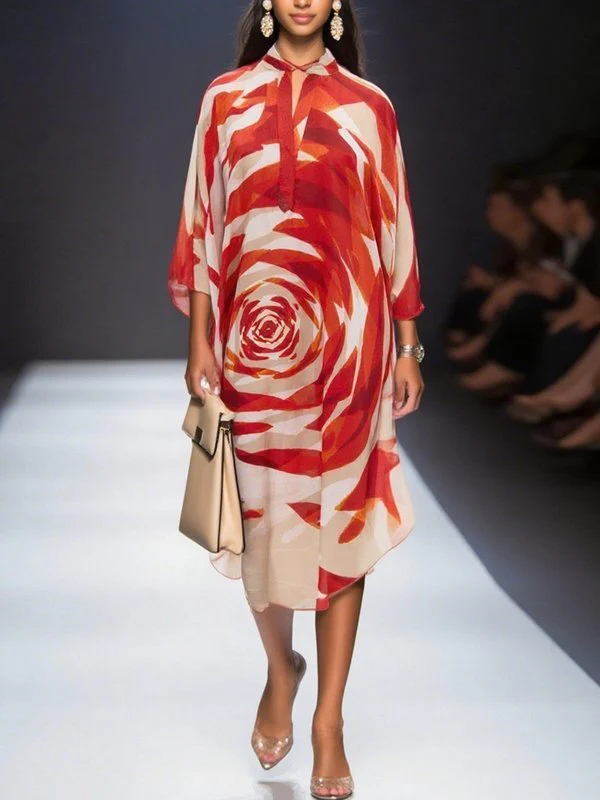 Half Sleeves Loose Flower Print Tied Round-Neck Midi Dresses