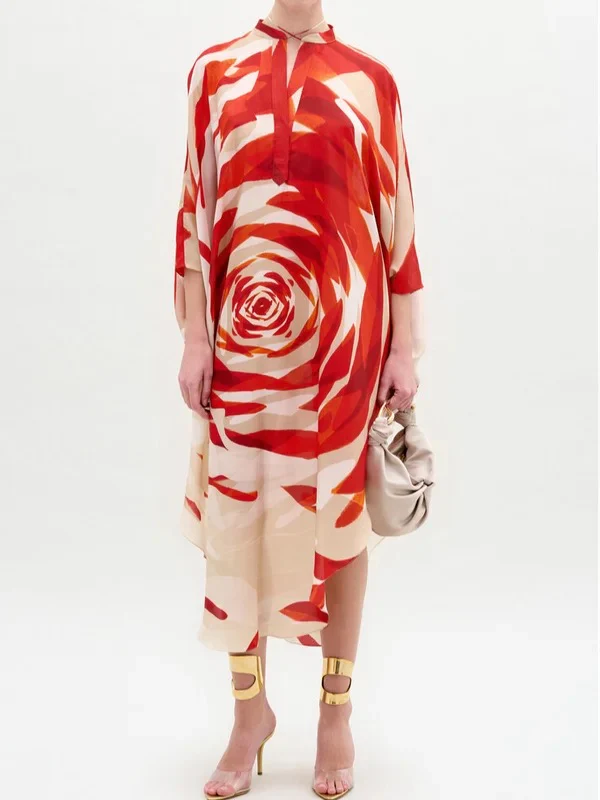 Half Sleeves Loose Flower Print Tied Round-Neck Midi Dresses - Image 2