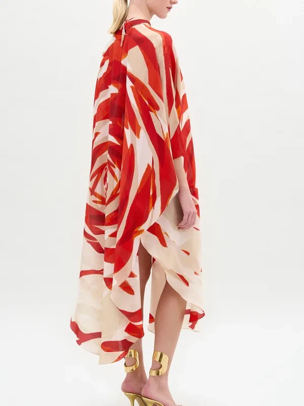 Half Sleeves Loose Flower Print Tied Round-Neck Midi Dresses - Image 3