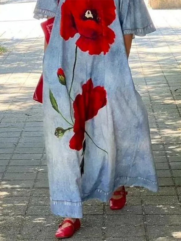 Half Sleeves Loose Flower Print V-Neck Maxi Dresses - Image 3