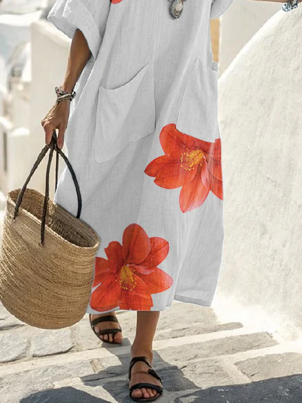 Half Sleeves Loose Flower Print V-Neck Midi Dresses - Image 3