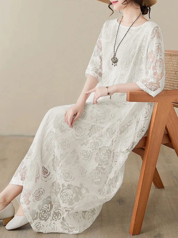 Half Sleeves Loose Gauze See-Through Solid Color Round-Neck Maxi Dresses - Image 2