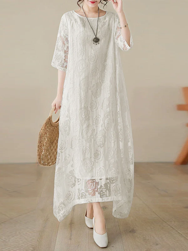 Half Sleeves Loose Gauze See-Through Solid Color Round-Neck Maxi Dresses - Image 3