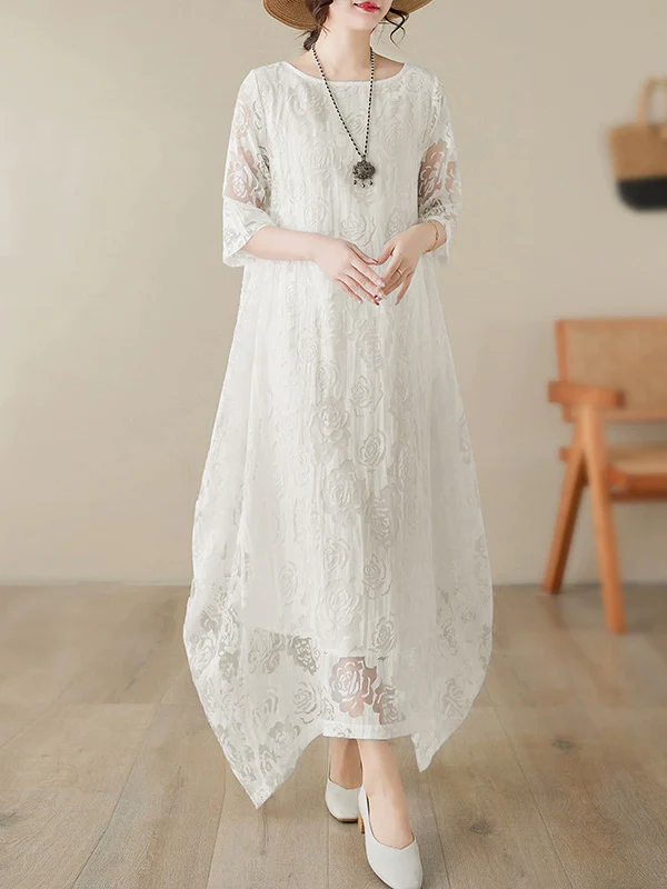 Half Sleeves Loose Gauze See-Through Solid Color Round-Neck Maxi Dresses - Image 4