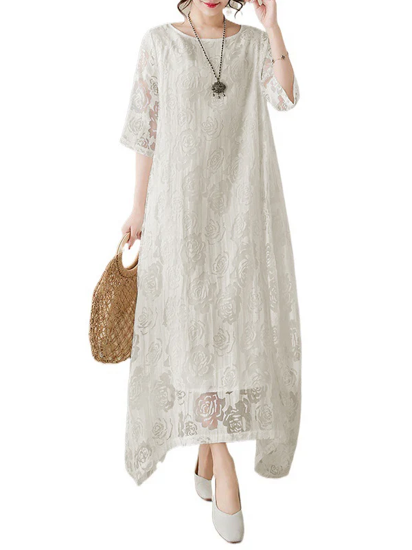 Half Sleeves Loose Gauze See-Through Solid Color Round-Neck Maxi Dresses - Image 5