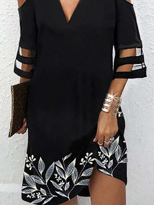 Half Sleeves Loose Hollow Leaves Print Mesh Split-Joint Cold Shoulder Mini Dresses - Image 2