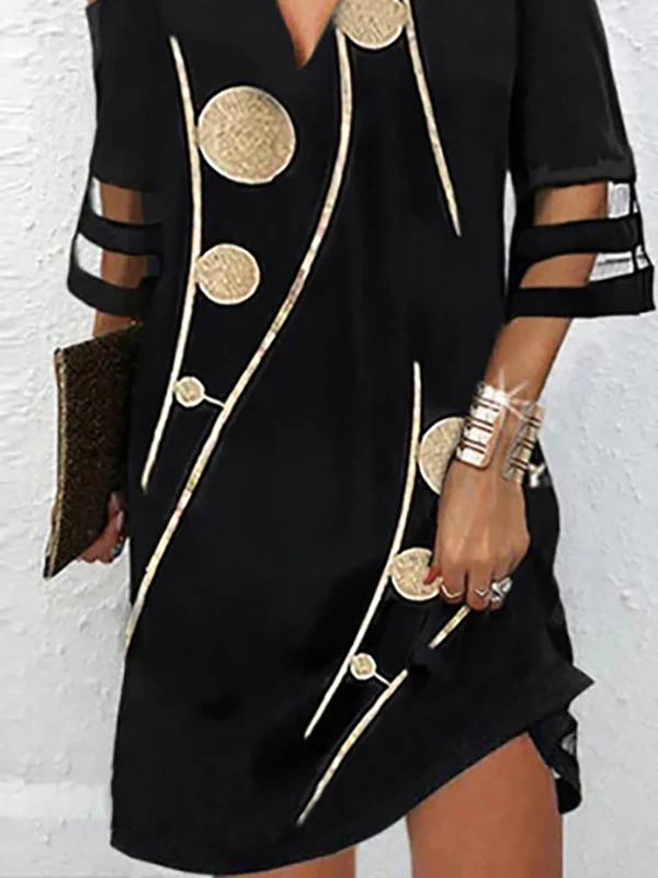 Half Sleeves Loose Hollow Mesh Polka-Dot Printed Split-Joint Cold Shoulder Mini Dresses - Image 2