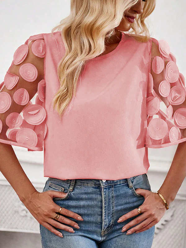 Half Sleeves Loose Hollow Mesh Polka-Dot Solid Color Split-Joint Round-Neck T-Shirts Tops - Image 2