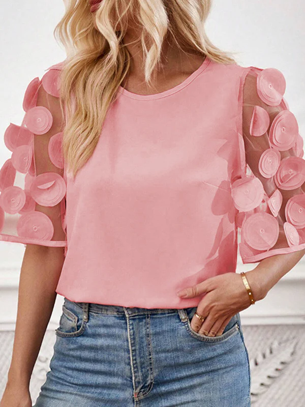 Half Sleeves Loose Hollow Mesh Polka-Dot Solid Color Split-Joint Round-Neck T-Shirts Tops - Image 3