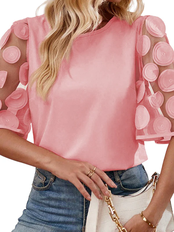 Half Sleeves Loose Hollow Mesh Polka-Dot Solid Color Split-Joint Round-Neck T-Shirts Tops - Image 4