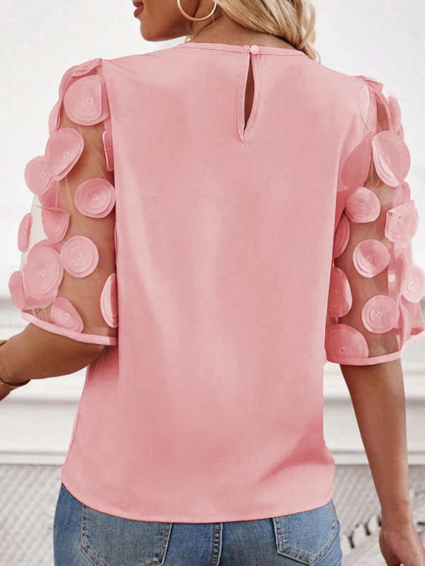 Half Sleeves Loose Hollow Mesh Polka-Dot Solid Color Split-Joint Round-Neck T-Shirts Tops - Image 5