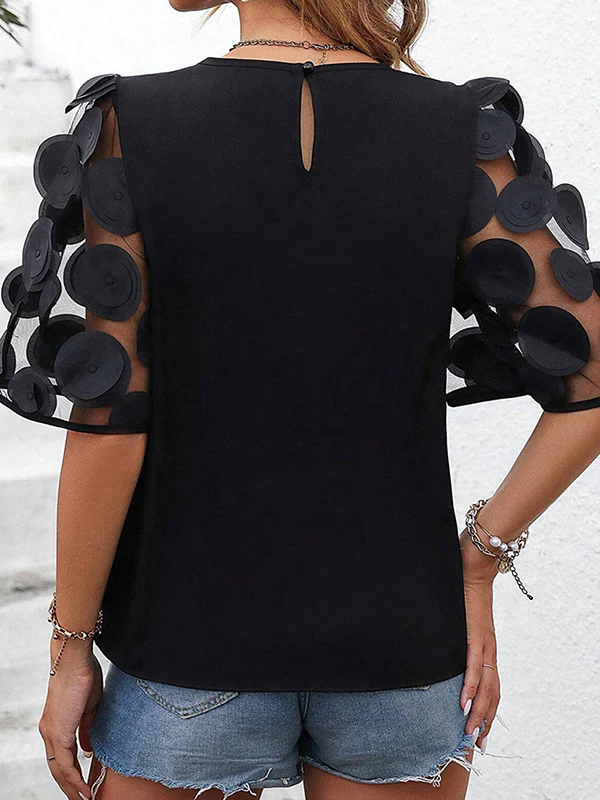 Half Sleeves Loose Hollow Mesh Polka-Dot Solid Color Split-Joint Round-Neck T-Shirts Tops - Image 7