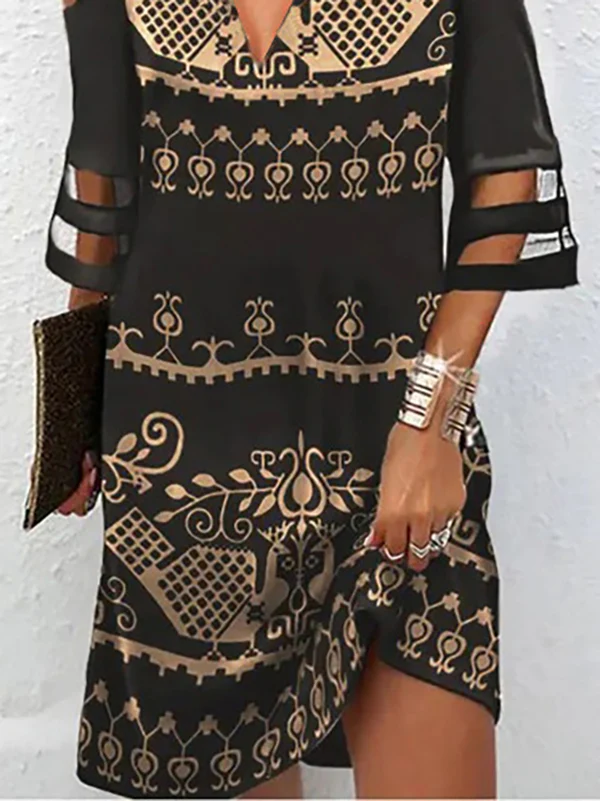 Half Sleeves Loose Hollow Mesh Printed Split-Joint Cold Shoulder Mini Dresses - Image 2