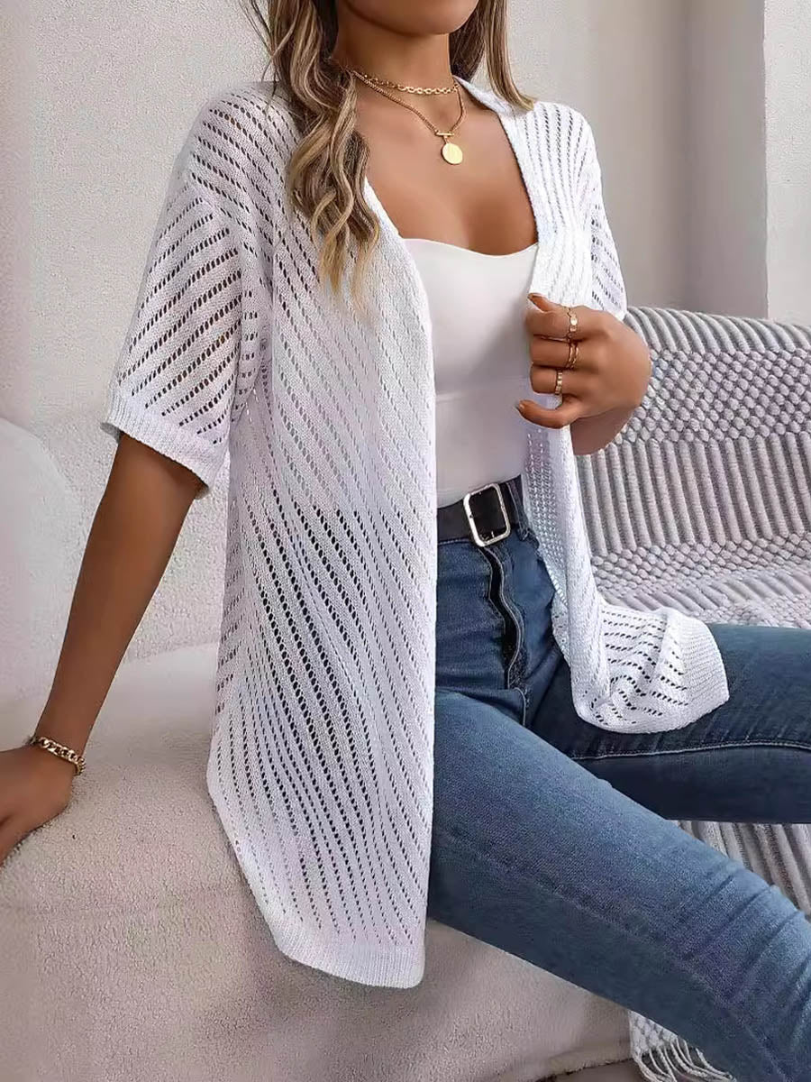 Half Sleeves Loose Hollow Solid Color Cardigan Tops - Image 10