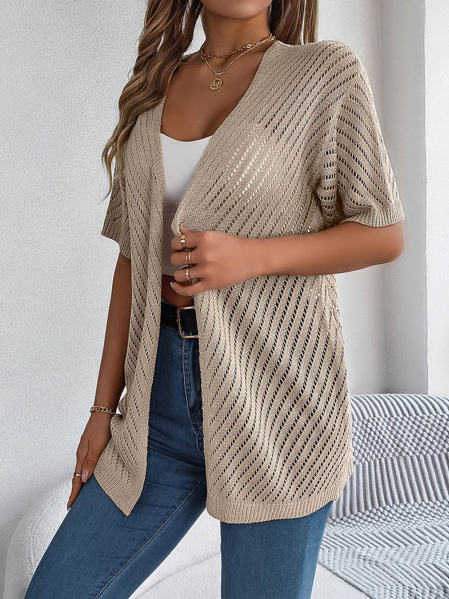Half Sleeves Loose Hollow Solid Color Cardigan Tops - Image 12