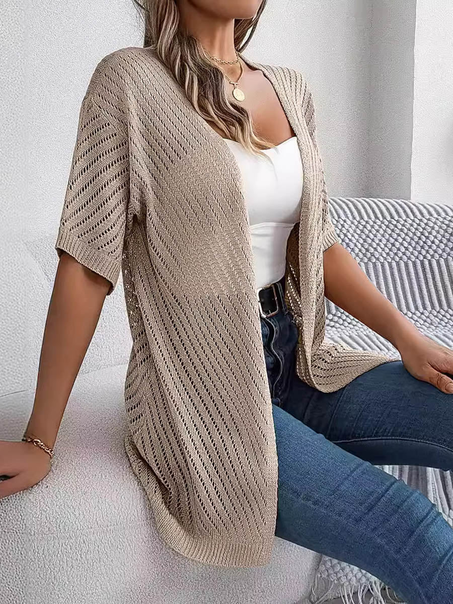 Half Sleeves Loose Hollow Solid Color Cardigan Tops - Image 2