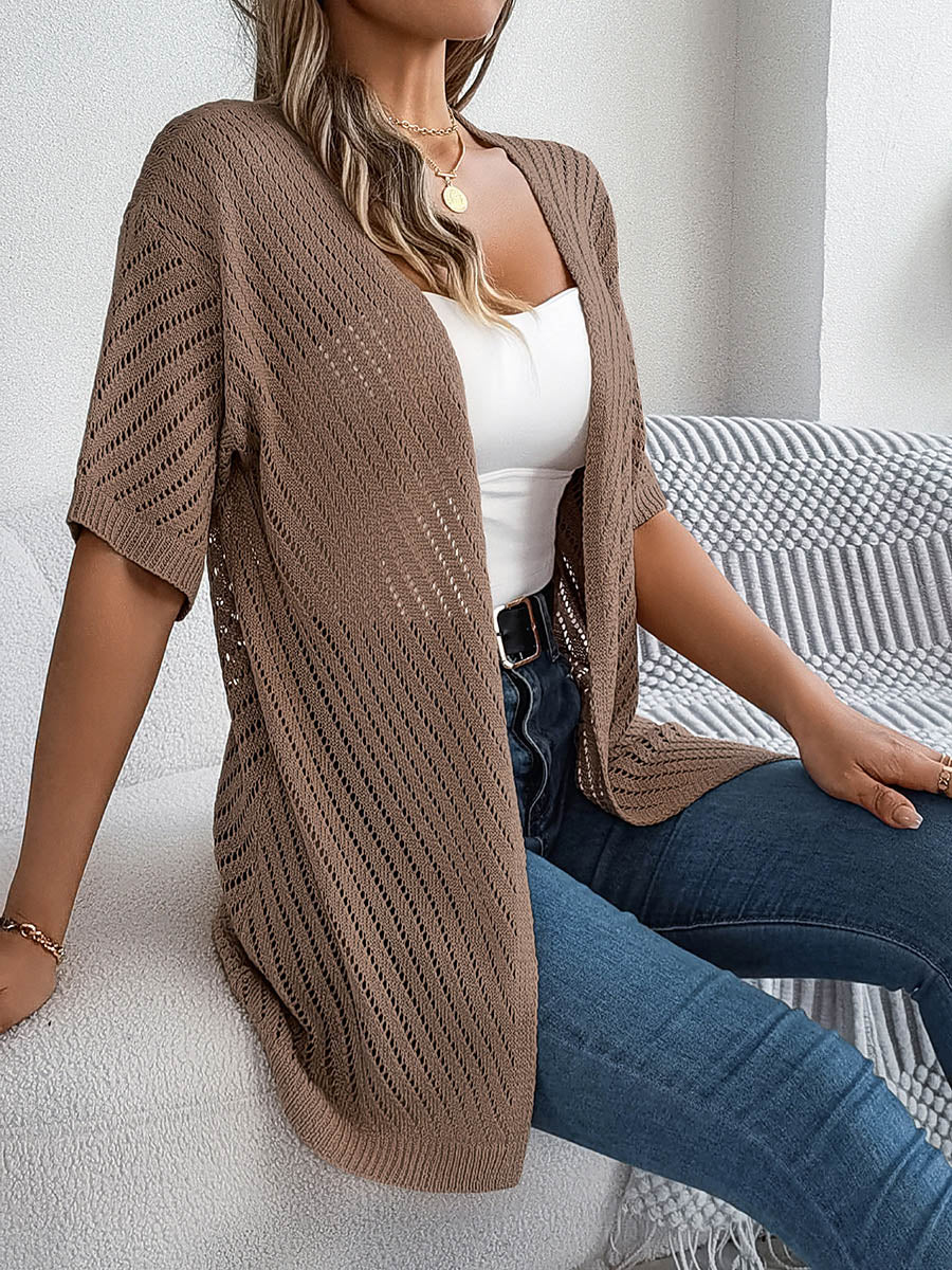 Half Sleeves Loose Hollow Solid Color Cardigan Tops - Image 3