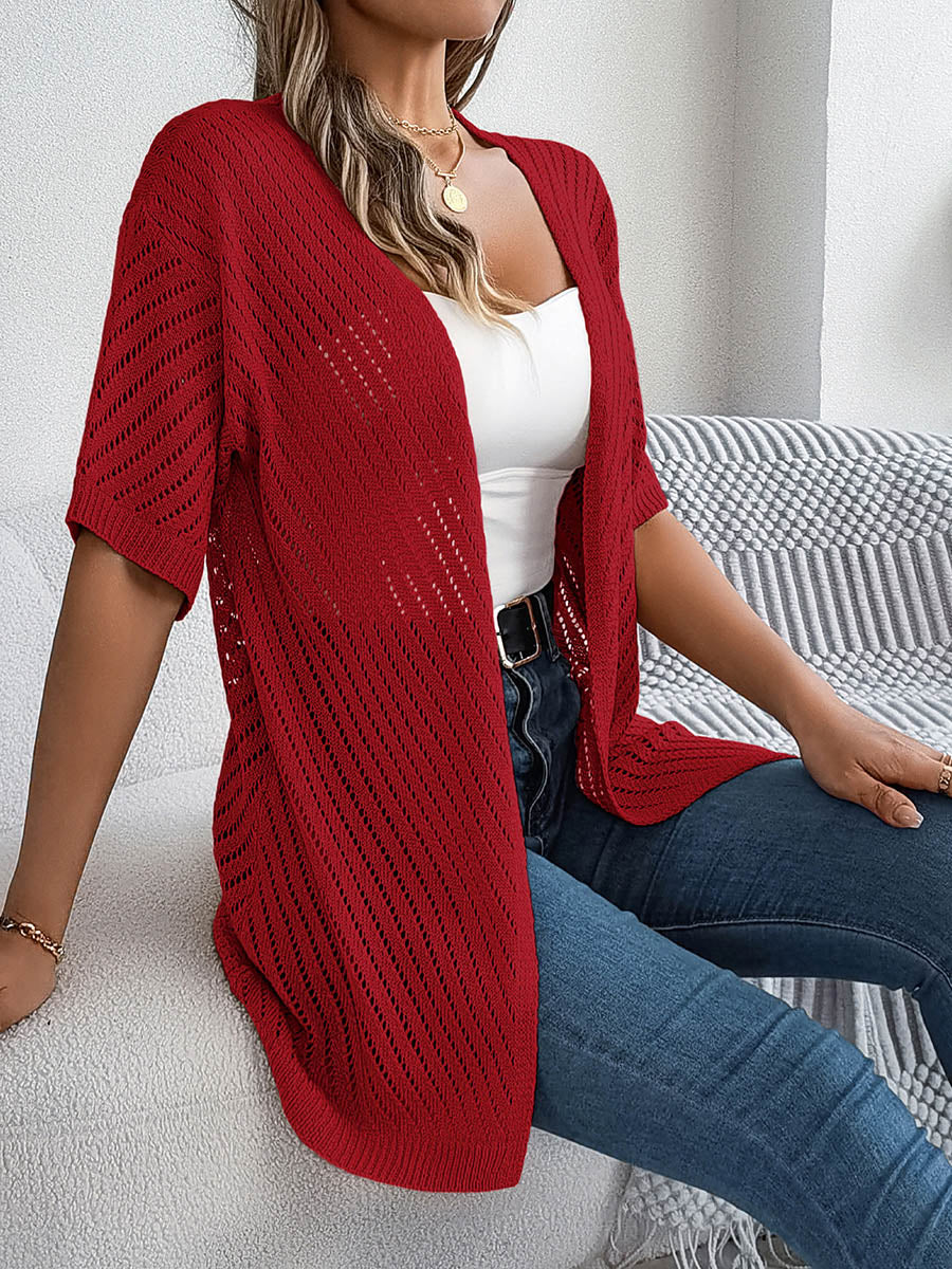 Half Sleeves Loose Hollow Solid Color Cardigan Tops - Image 4