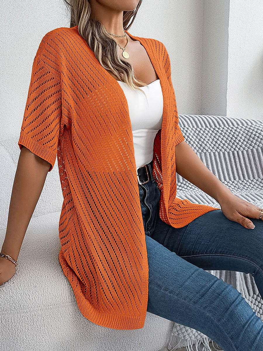 Half Sleeves Loose Hollow Solid Color Cardigan Tops - Image 5