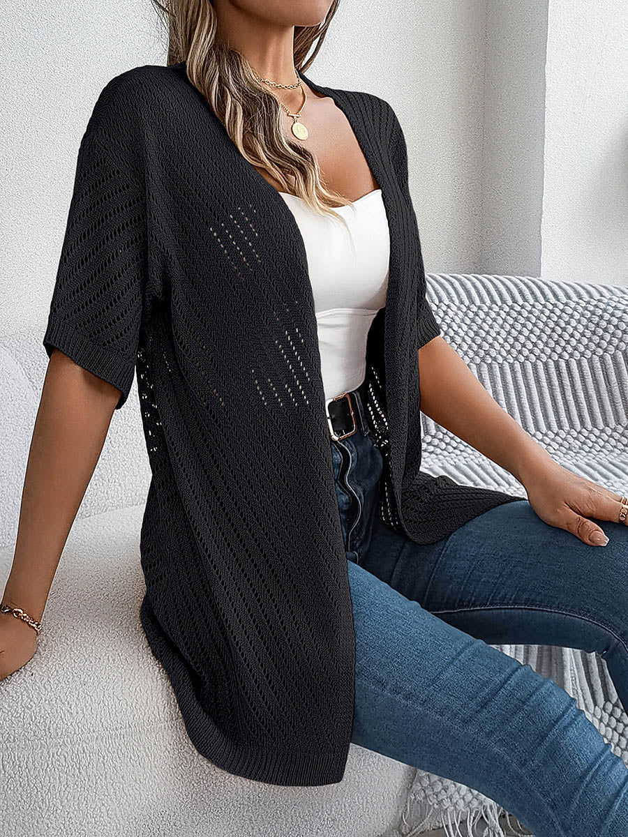 Half Sleeves Loose Hollow Solid Color Cardigan Tops - Image 6