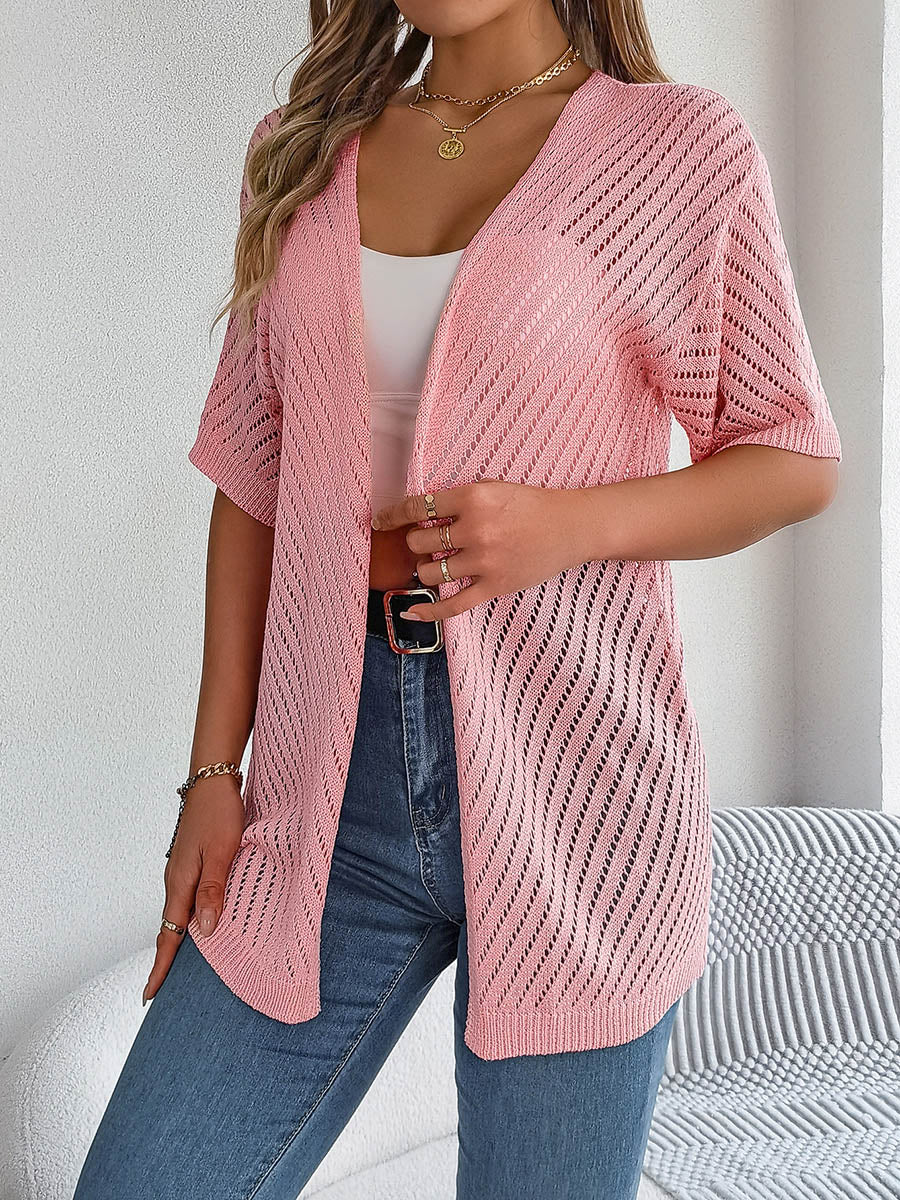 Half Sleeves Loose Hollow Solid Color Cardigan Tops - Image 7