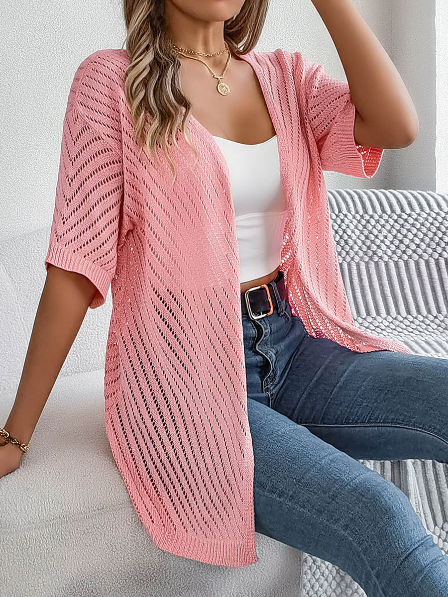 Half Sleeves Loose Hollow Solid Color Cardigan Tops - Image 8