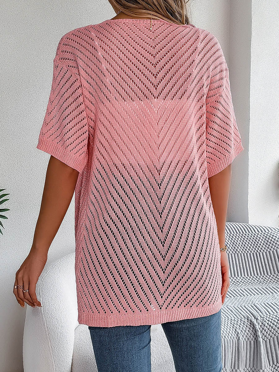 Half Sleeves Loose Hollow Solid Color Cardigan Tops - Image 9