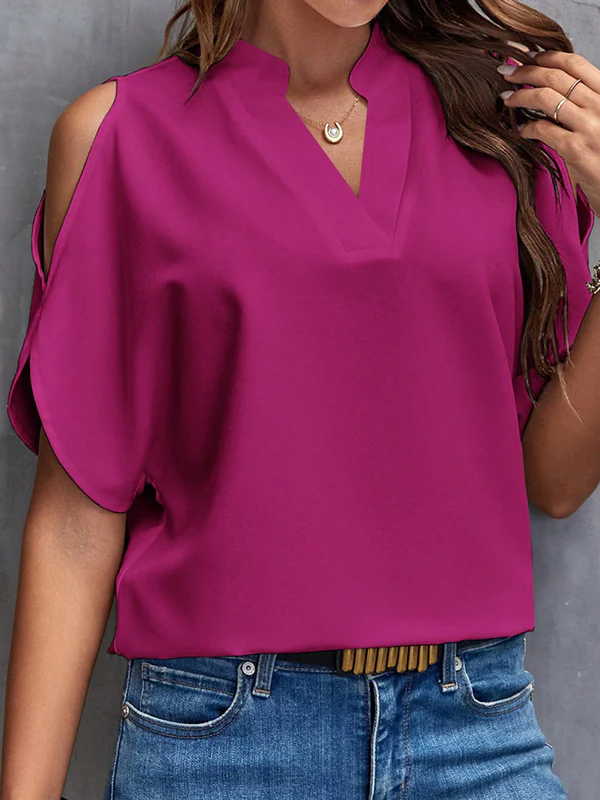 Half Sleeves Loose Hollow Solid Color Cold shoulder T-Shirts Tops - Image 10