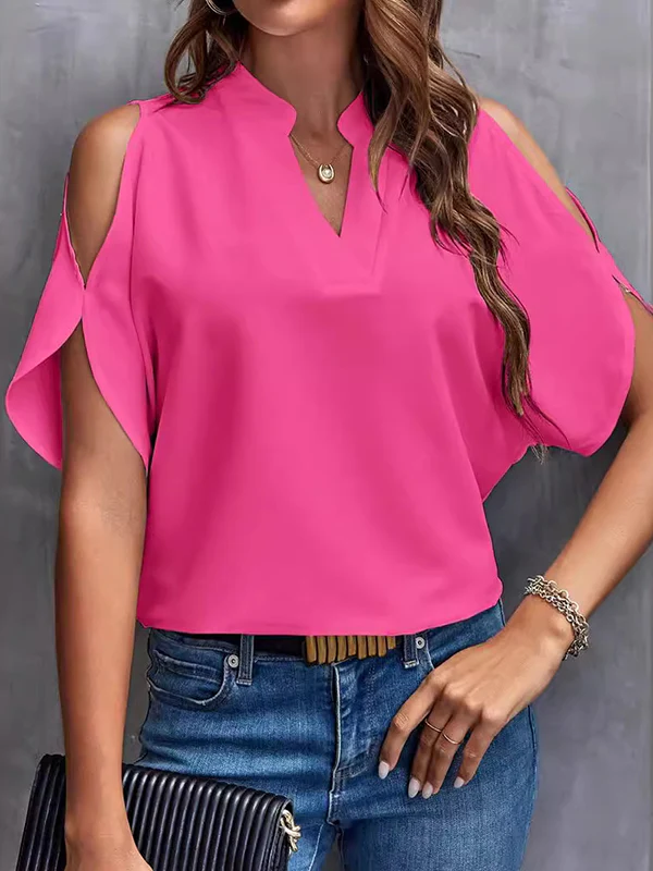 Half Sleeves Loose Hollow Solid Color Cold shoulder T-Shirts Tops - Image 2