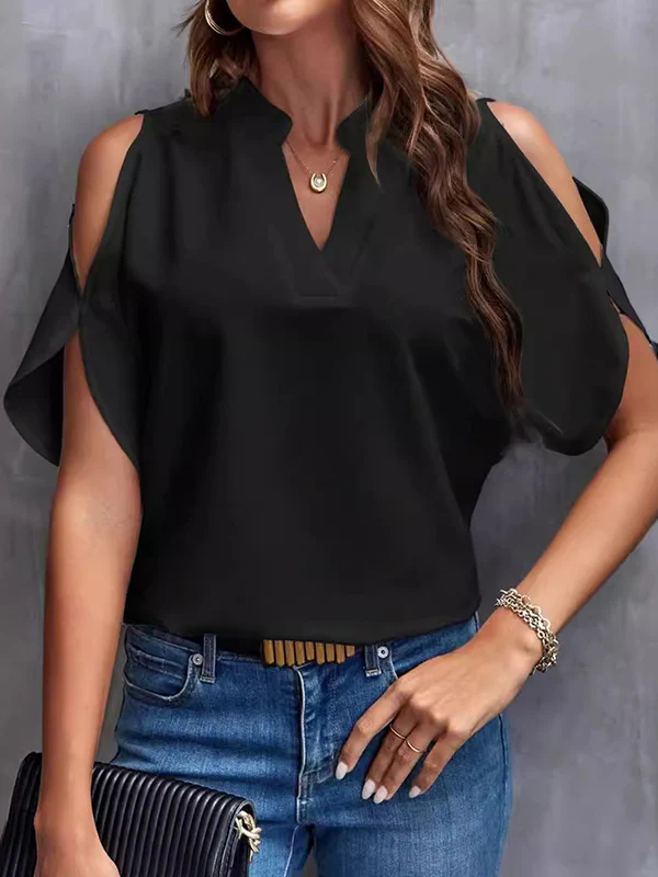Half Sleeves Loose Hollow Solid Color Cold shoulder T-Shirts Tops - Image 6