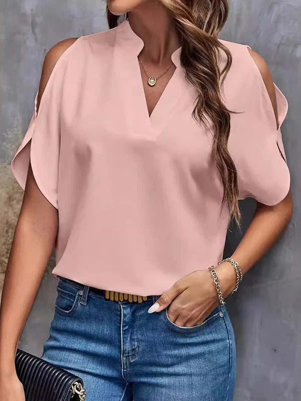 Half Sleeves Loose Hollow Solid Color Cold shoulder T-Shirts Tops - Image 7