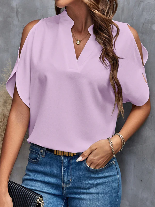 Half Sleeves Loose Hollow Solid Color Cold shoulder T-Shirts Tops - Image 8