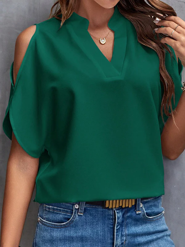 Half Sleeves Loose Hollow Solid Color Cold shoulder T-Shirts Tops - Image 9
