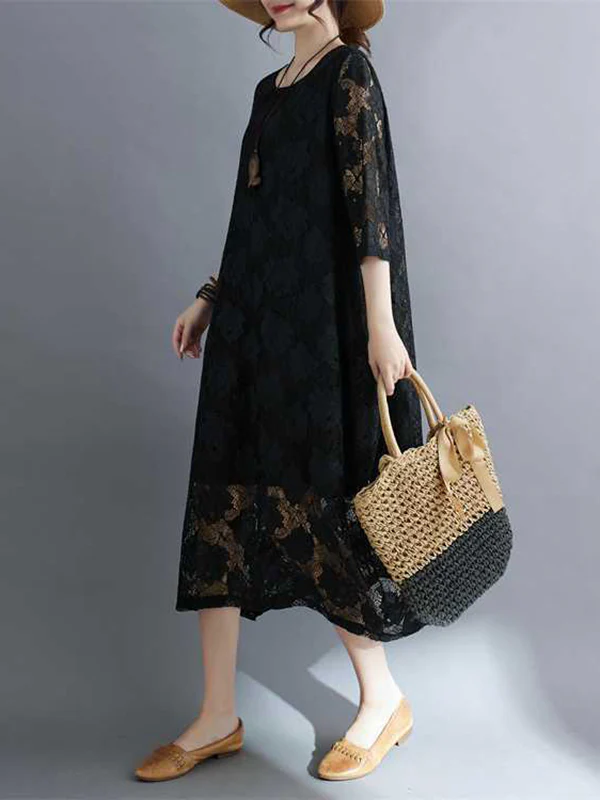 Half Sleeves Loose Hollow Solid Color Round-Neck Midi Dresses - Image 10