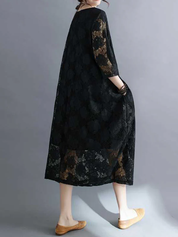 Half Sleeves Loose Hollow Solid Color Round-Neck Midi Dresses - Image 11