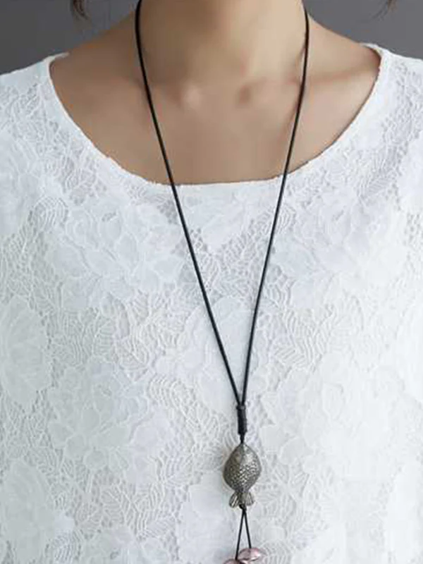Half Sleeves Loose Hollow Solid Color Round-Neck Midi Dresses - Image 12
