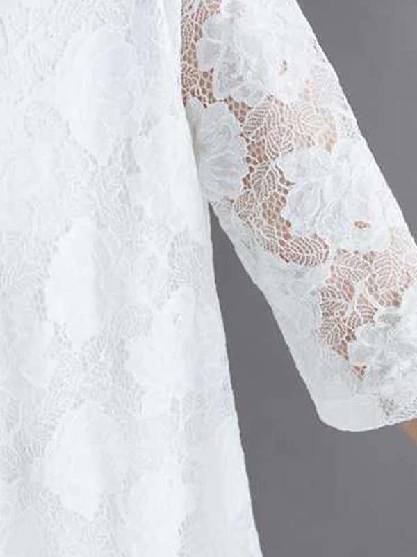 Half Sleeves Loose Hollow Solid Color Round-Neck Midi Dresses - Image 13