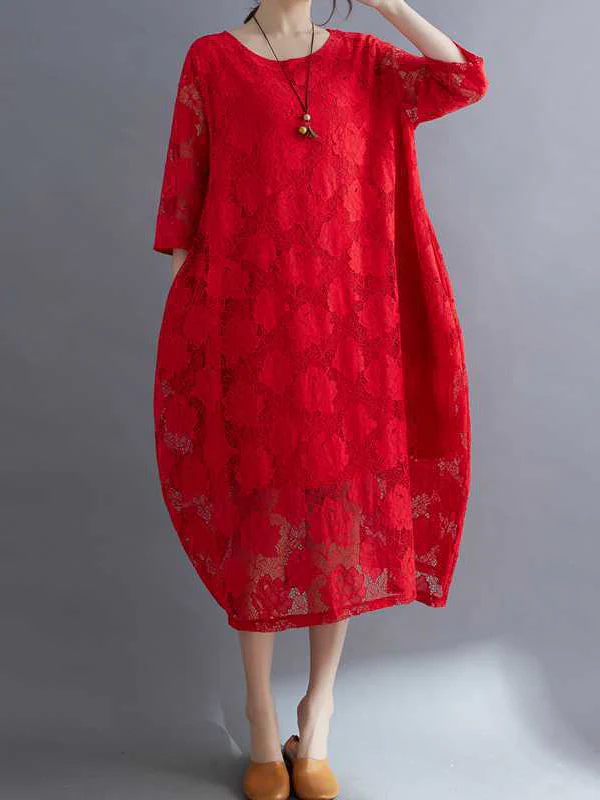 Half Sleeves Loose Hollow Solid Color Round-Neck Midi Dresses - Image 2