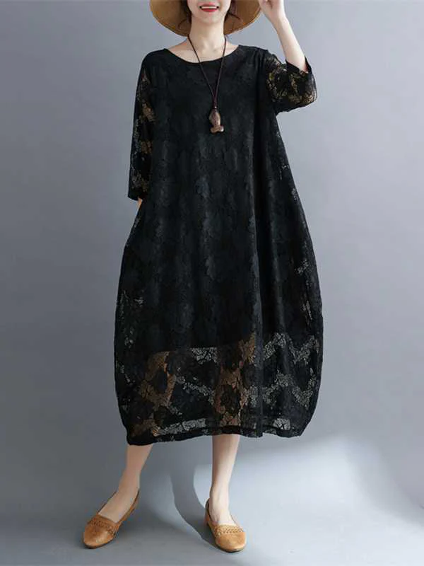 Half Sleeves Loose Hollow Solid Color Round-Neck Midi Dresses - Image 3