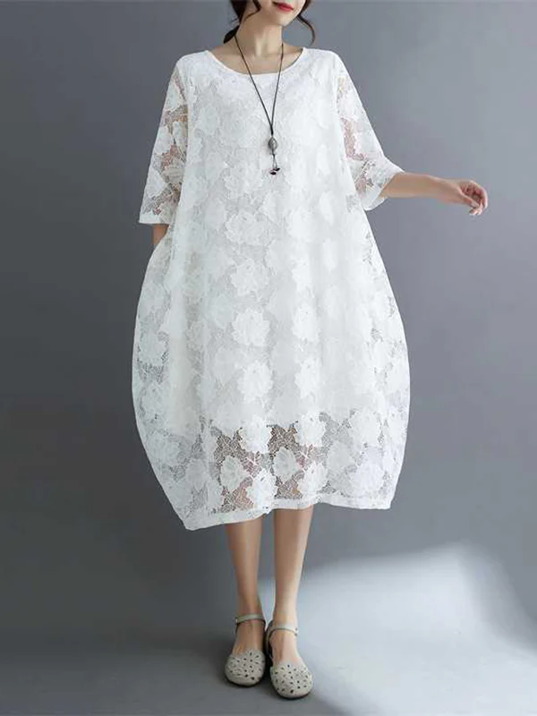Half Sleeves Loose Hollow Solid Color Round-Neck Midi Dresses - Image 4
