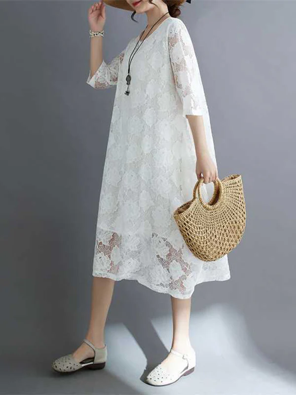Half Sleeves Loose Hollow Solid Color Round-Neck Midi Dresses - Image 5
