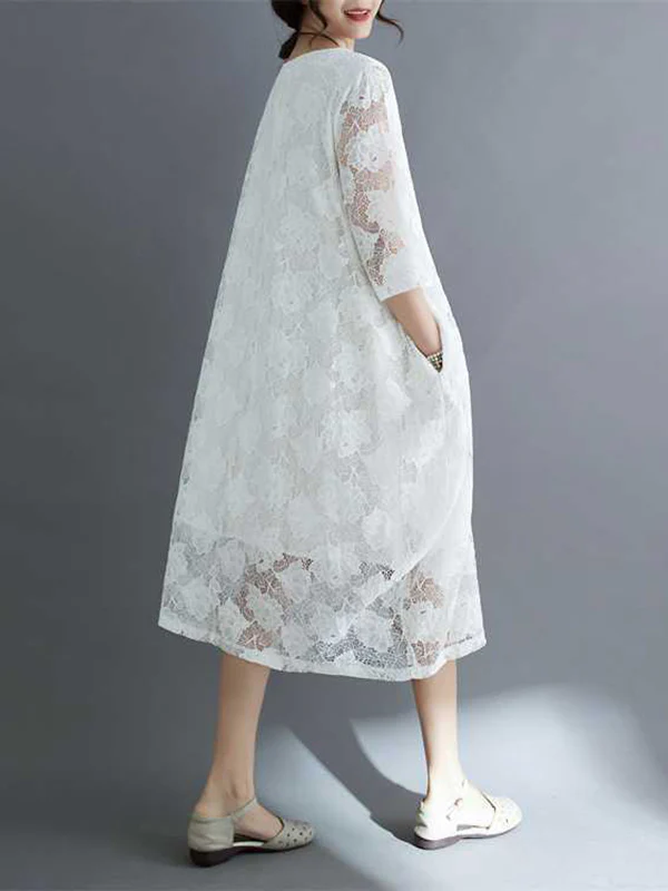 Half Sleeves Loose Hollow Solid Color Round-Neck Midi Dresses - Image 6
