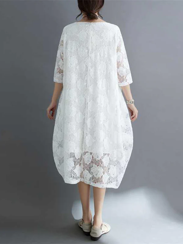 Half Sleeves Loose Hollow Solid Color Round-Neck Midi Dresses - Image 7
