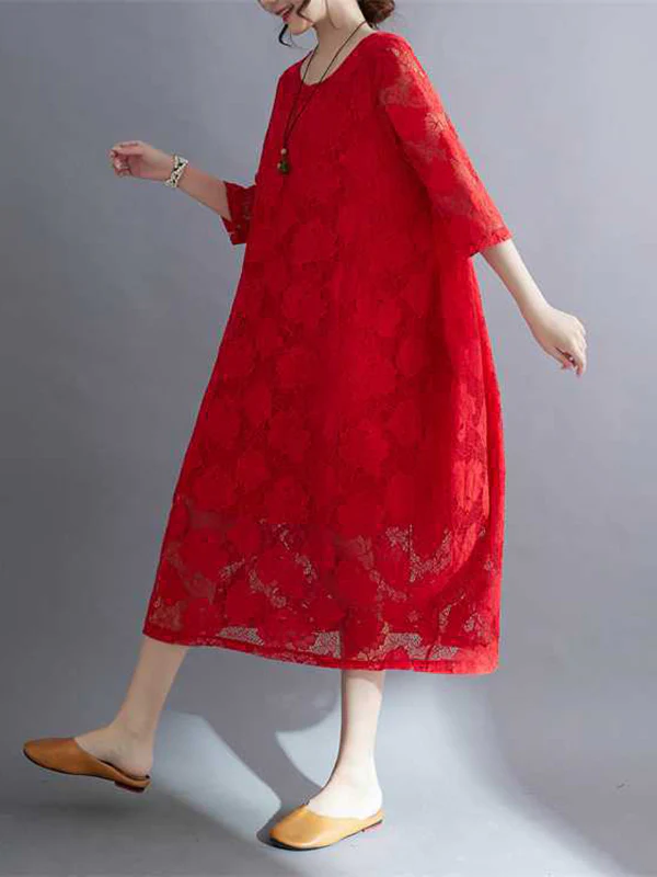 Half Sleeves Loose Hollow Solid Color Round-Neck Midi Dresses - Image 8